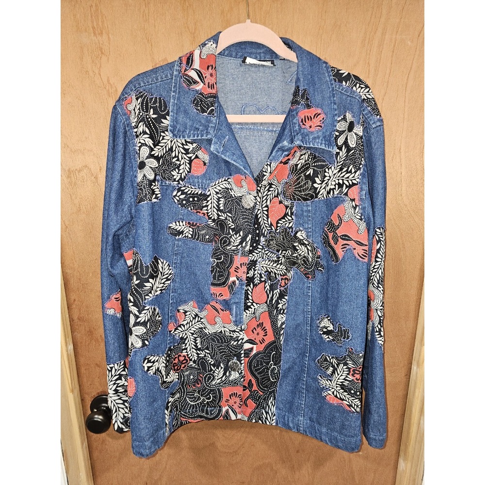 New Direction‎ Women's Embroidered Floral Button Front Long Sleeve Denim Shirt